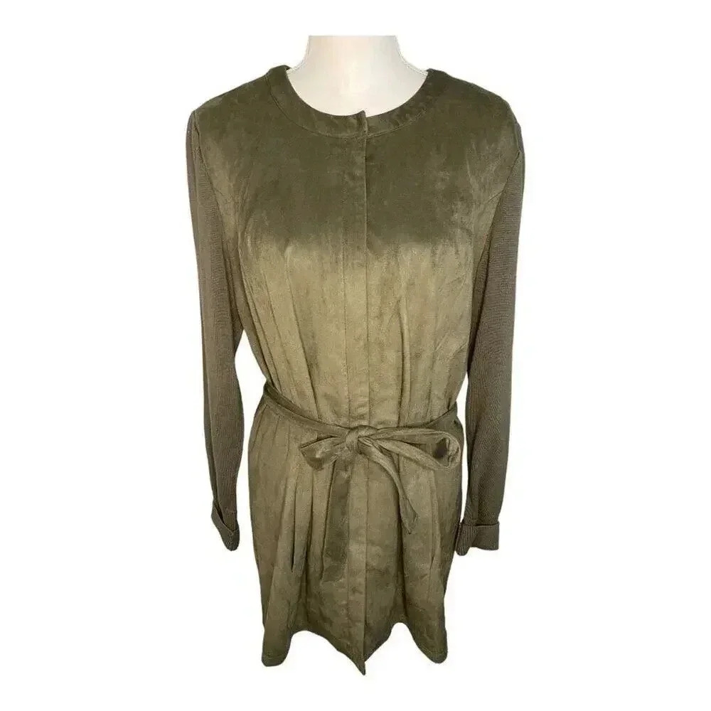 H by Halston Women's Faux Suede‎ Jacket Green Size 14 Belted Waist Long Sleeves